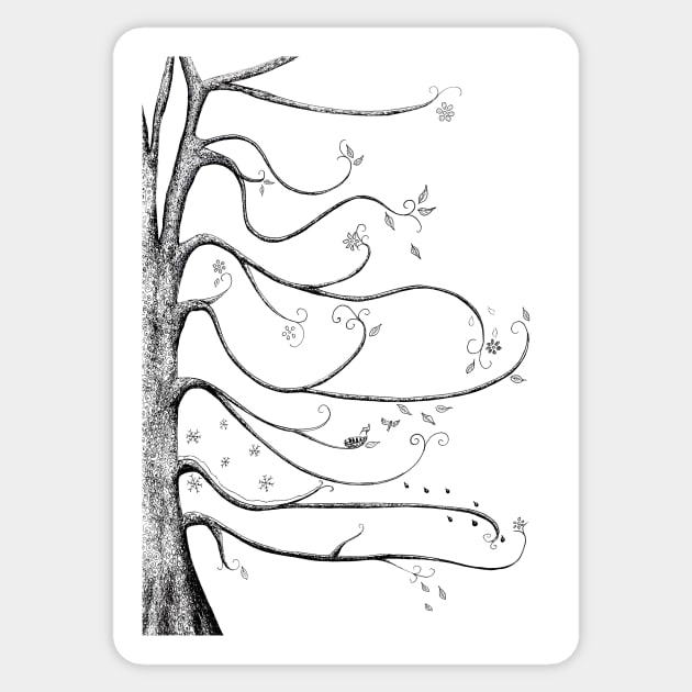 Four Seasons Tree of Life Ink Illustration in Black and White Sticker by Maddybennettart